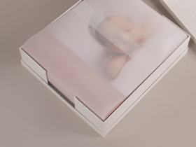 Fotoalbum in weißem Pergamentpapier in Öko-Geschenkschachtel