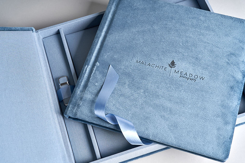 Aquamarine Blue Velvet Textile Complete Set in the Exclusive Collection with Engraving on the Cover