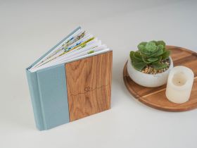 Light blue material and wood combination for a Photo Album cover