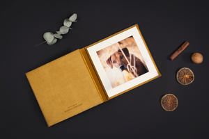 Triplex mit Fotos in weißen Passepartout-Rahmen, Velourstoff Senf nPhoto