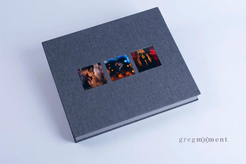Exklusiv fotoalbum mit flachbindung cover mit aussparungen fuer drei bilder nphoto hochzeitsfotografie