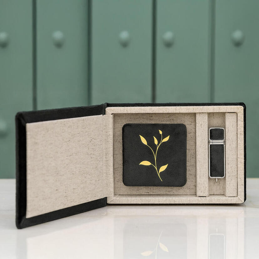 Caja para USB + Mini Álbum Acordeón V7 – Hojas en Dorado