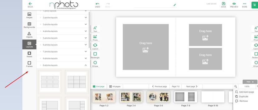 3. Select the layout (or create your own), add background, cliparts, masks, and frames – all these options will be found on the left-hand side in our nDesigner.
