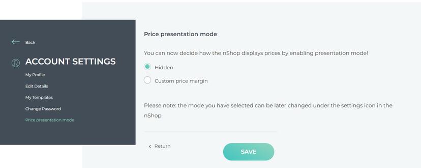 Presentation mode - mode selection menu