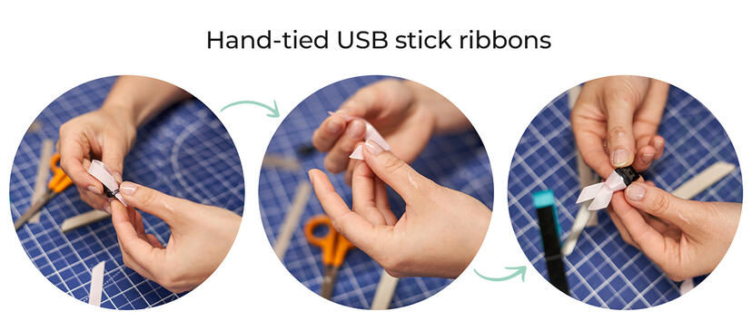 Hand-tying USB pendrive ribbons!
